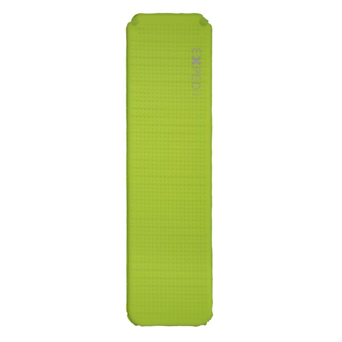 Zielony materac campingowy Exped, lekki i wygodny, idealny na wyprawy w góry i biwaki.