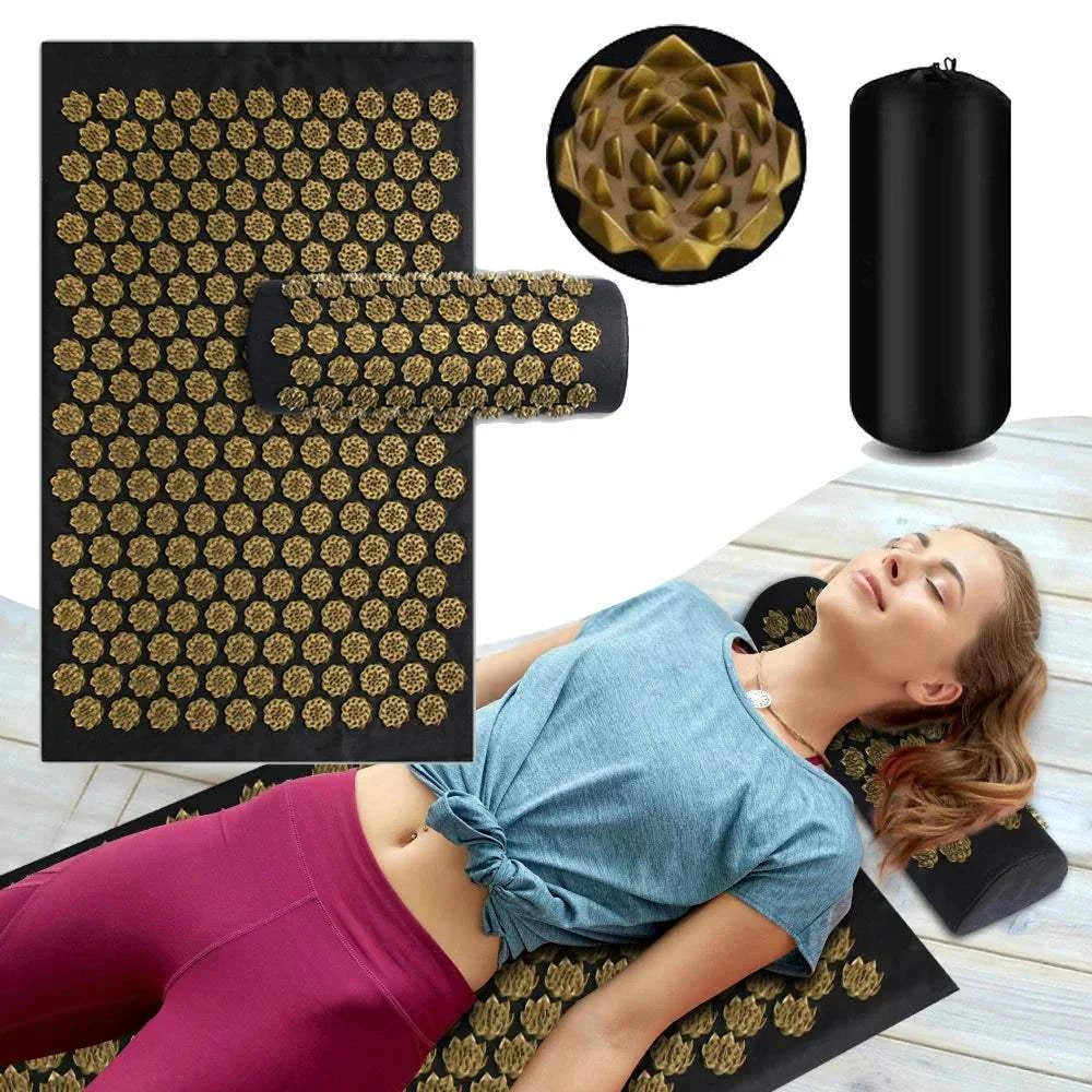 3PCS Acupressure Yoga Mat And Pillow Set Massage Cushion Gold-1